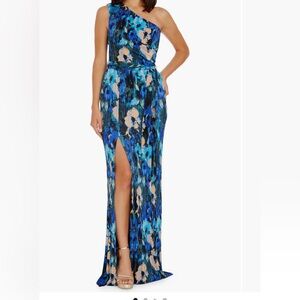 Dress the Population Blue Maxi Slip Dress with Slit